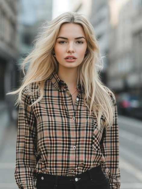 una mujer con una camisa a cuadros