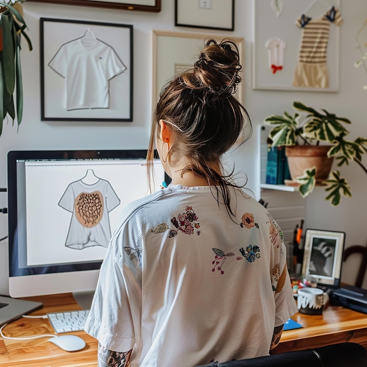 Foto una mujer con una camisa floral blanca está mirando una pantalla de computadora