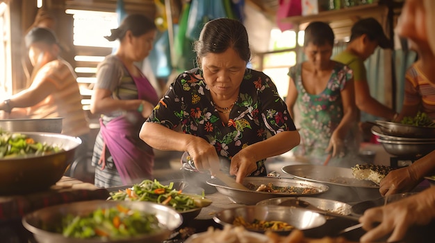 Foto una mujer con una camisa floral está cortando verduras en una cocina ocupada está rodeada de otras mujeres que también están cocinando el estado de ánimo es bullicioso