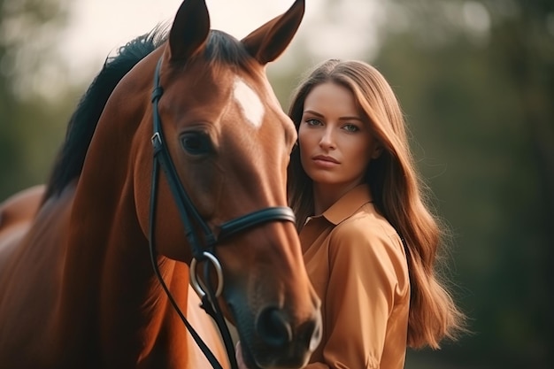 Una mujer con camisa marrón y cabello largo foto con caballo marrón