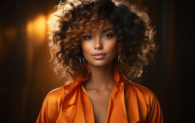 Mujer en camisa naranja cabello rizado Hermosa ilustración de imagen AI generativa
