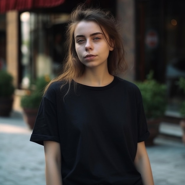 Una mujer con una camisa negra está parada en la calle.