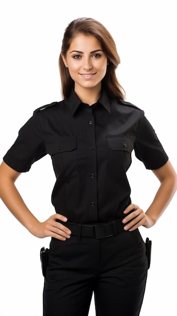 Foto una mujer con una camisa negra está posando para una foto con las manos en las caderas