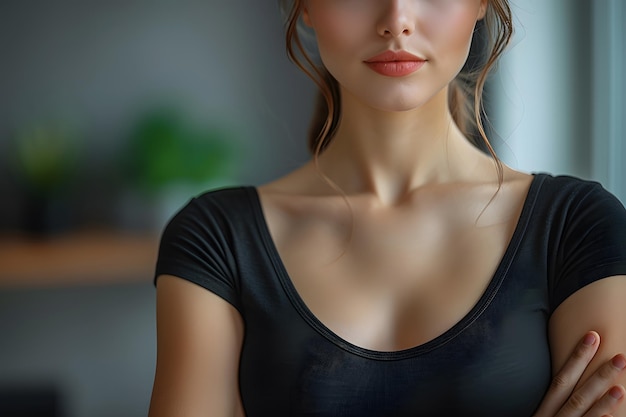 Mujer con camisa negra posando para la foto