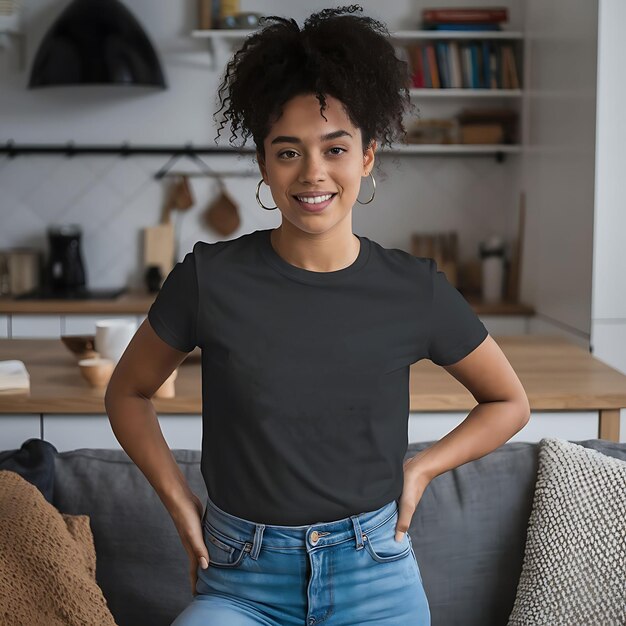 una mujer con una camisa negra que dice afro en ella