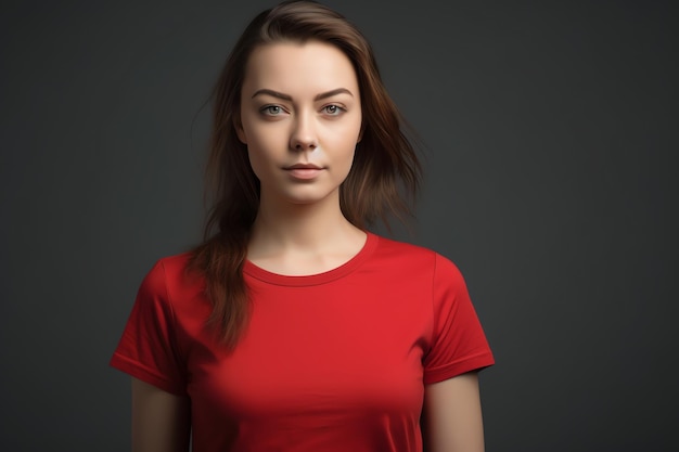 Una mujer con una camisa roja está de pie contra un fondo oscuro