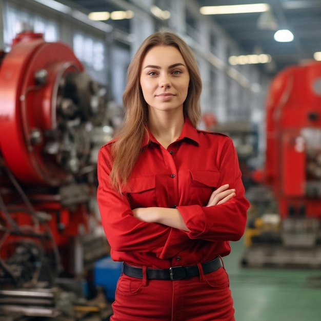 Una mujer con una camisa roja se para frente a una máquina con los brazos cruzados.