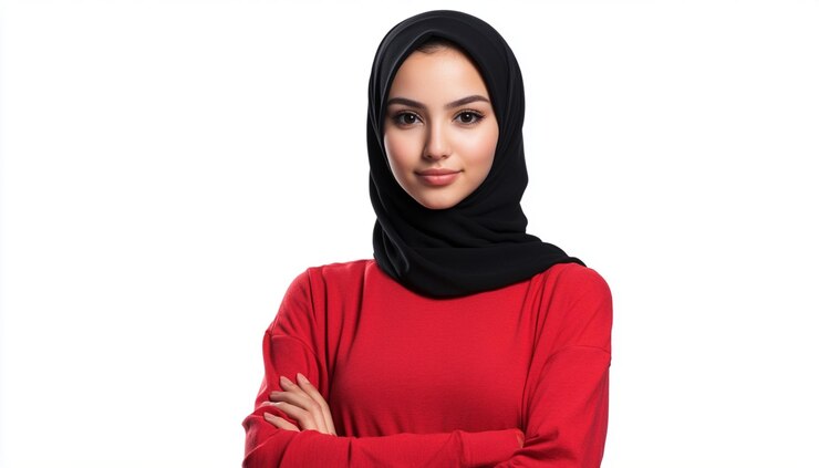 una mujer con una camisa roja y un hijab negro