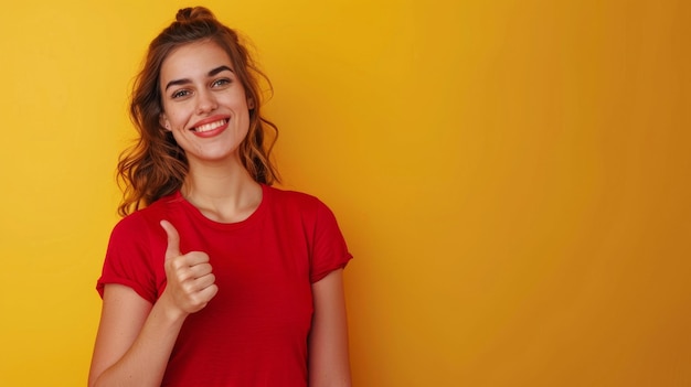 Mujer de camisa roja levantando el pulgar