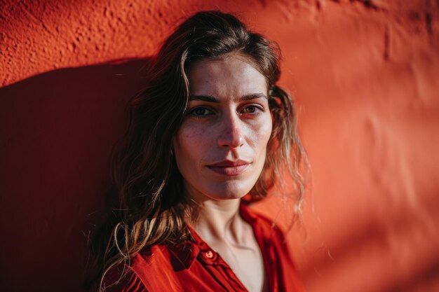 Una mujer con una camisa roja de pie frente a una pared roja