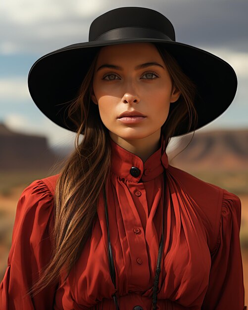 Una mujer con una camisa roja y un sombrero negro