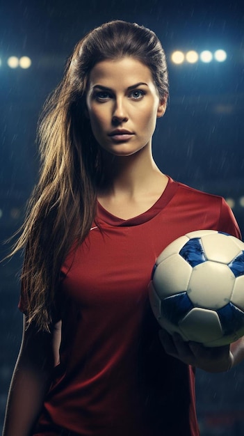 Foto una mujer con una camisa roja sostiene una pelota de fútbol