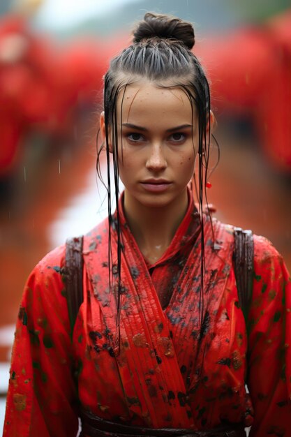 una mujer con camisa roja