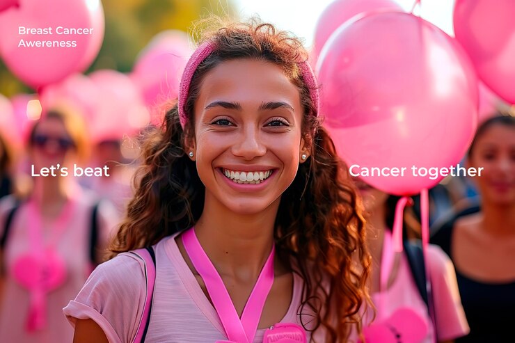 Una mujer con una camisa rosa para celebrar el mes de concienciación sobre el cáncer de mama con texto para el cartel