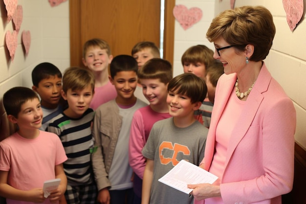 Foto una mujer con una camisa rosa con un grupo de niños