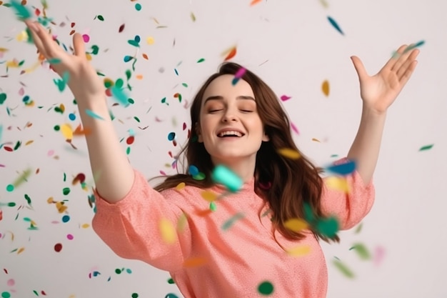 Una mujer con una camisa rosa lanza confeti al aire.