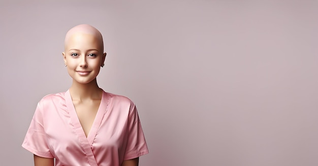 mujer con camisa rosa y luchando contra el cáncer de mama para el Día Mundial del Cáncer copia el estandarte espacial para el texto