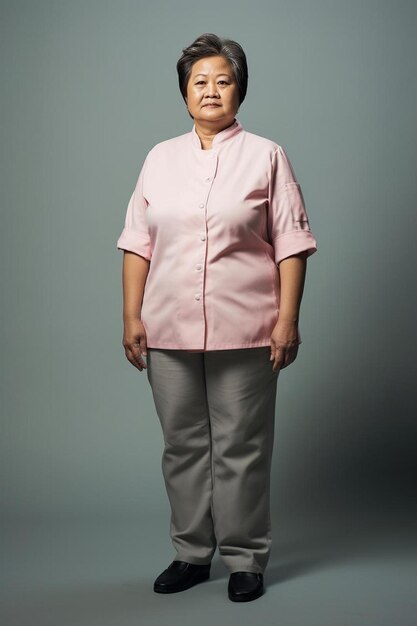 Foto una mujer con una camisa rosa de pie frente a un fondo gris