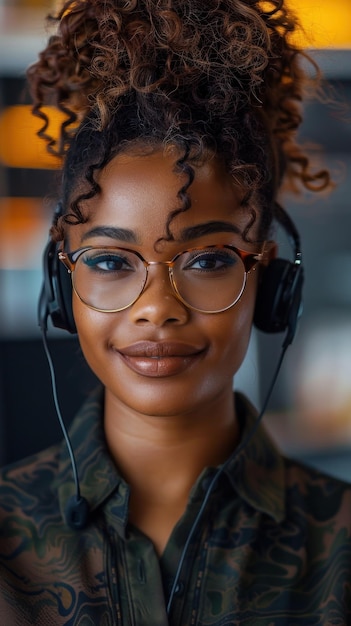 Mujer de camisa verde con auriculares