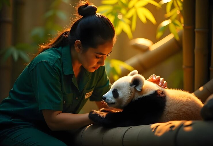 Foto una mujer con una camisa verde está acariciando a un oso panda
