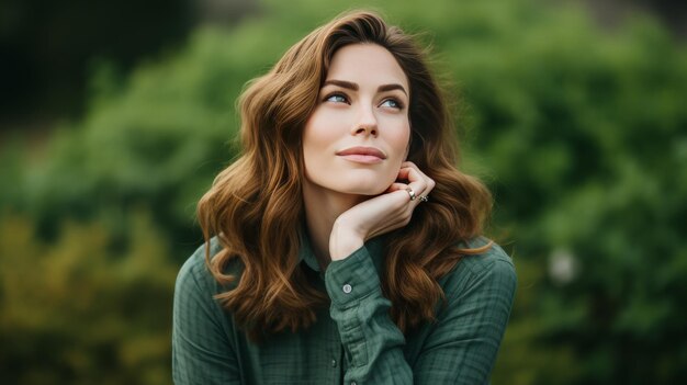 Una mujer con una camisa verde mira hacia arriba encantada por la belleza por encima de ella