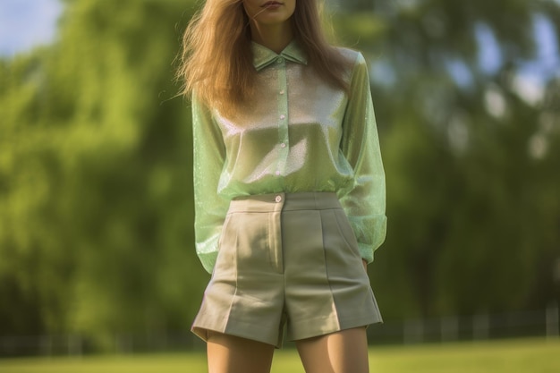 Una mujer con una camisa verde y pantalones cortos de color caqui se encuentra en un parque.