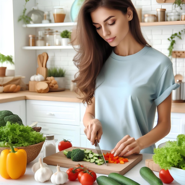 mujer en camiseta azul pastel cocinando verduras en la mesa en la cocina blanca