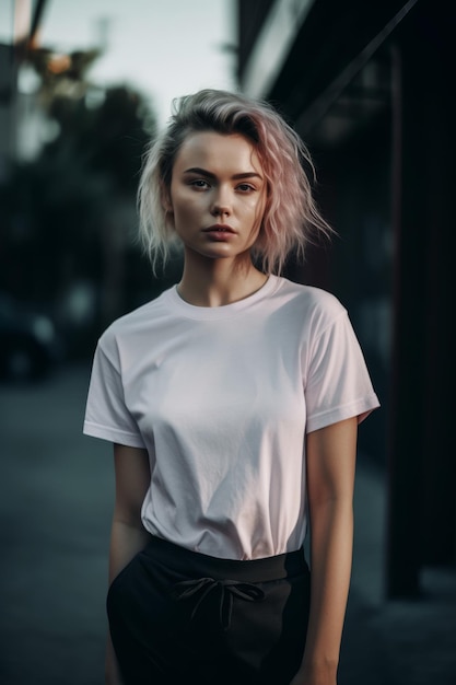Una mujer con una camiseta blanca se para en la calle.