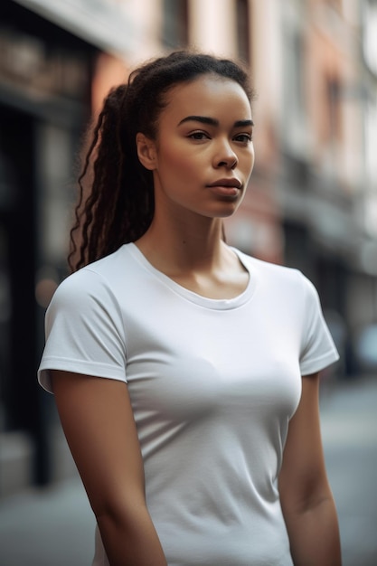 Una mujer con una camiseta blanca se para en la calle.