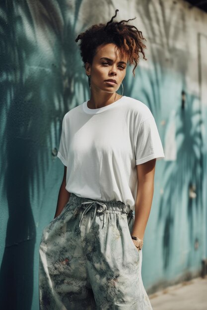 Una mujer con una camiseta blanca y una camiseta blanca se para frente a una pared azul.