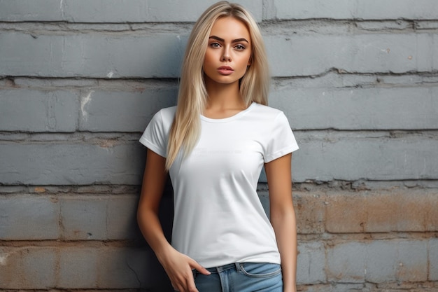 Una mujer con una camiseta blanca se para contra una pared gris.