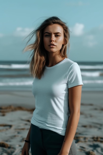 Una mujer con una camiseta blanca se encuentra en una playa