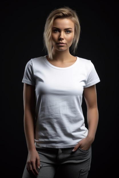 Una mujer con una camiseta blanca se para frente a un fondo negro.