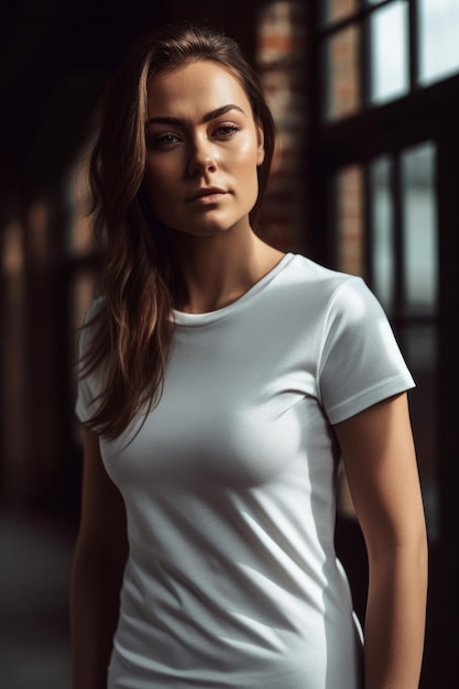 Una mujer con una camiseta blanca se para frente a una pared de ladrillos.