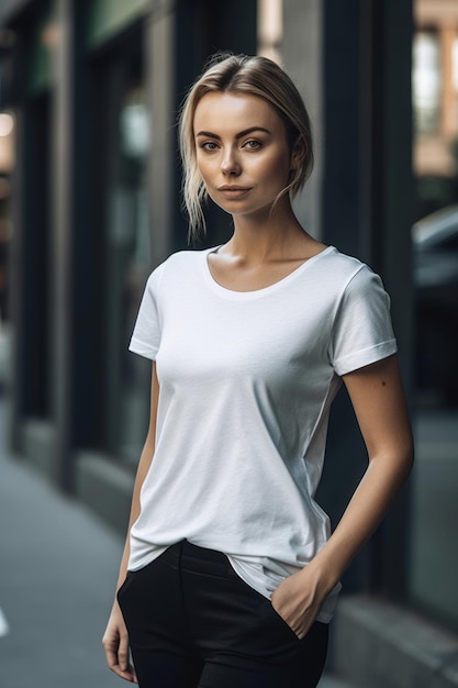 Una mujer con una camiseta blanca se para frente a una tienda.