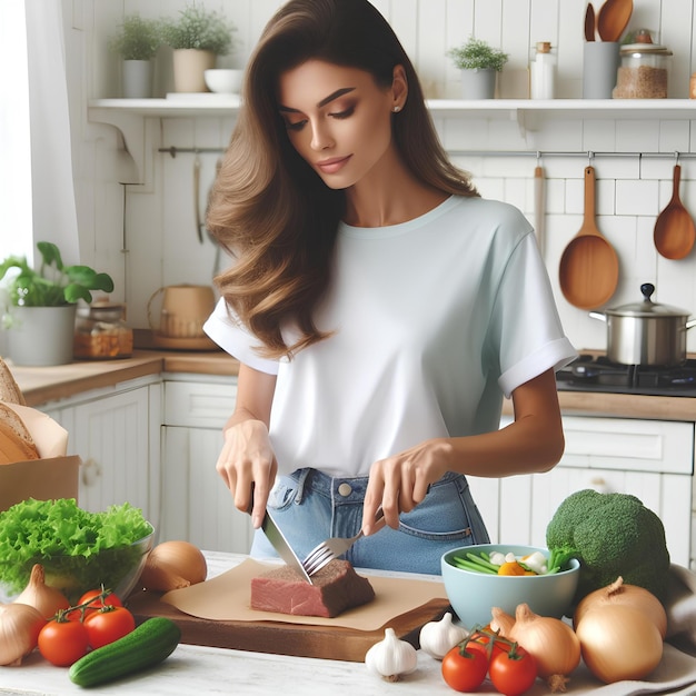 mujer en camiseta blanca pastel cocinando carne y verduras en la mesa en la cocina blanca