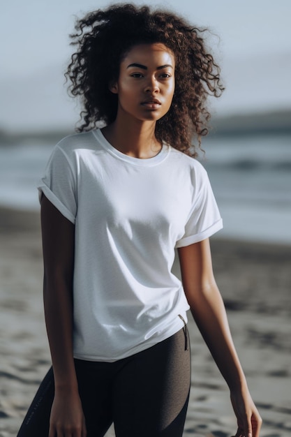 Una mujer con una camiseta blanca y el pelo rizado negro se encuentra en una playa.