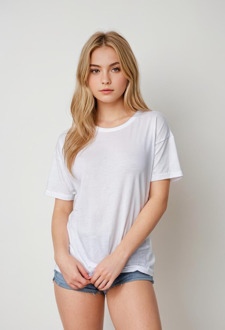 una mujer con una camiseta blanca de pie frente a una pared blanca