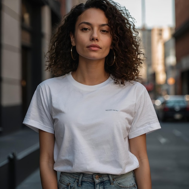 Mujer con una camiseta blanca en primer plano