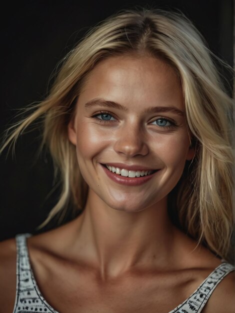 una mujer con una camiseta blanca sonriendo