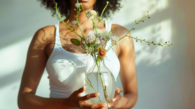 Foto una mujer con una camiseta blanca sosteniendo un jarrón de vidrio con flores