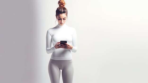 Foto una mujer con una camiseta blanca sostiene un teléfono