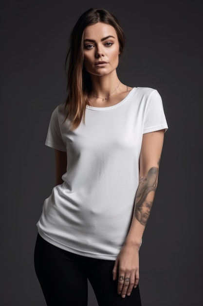 Una mujer con una camiseta blanca con un tatuaje en la parte delantera.