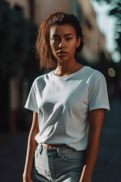 Una mujer con una camiseta blanca