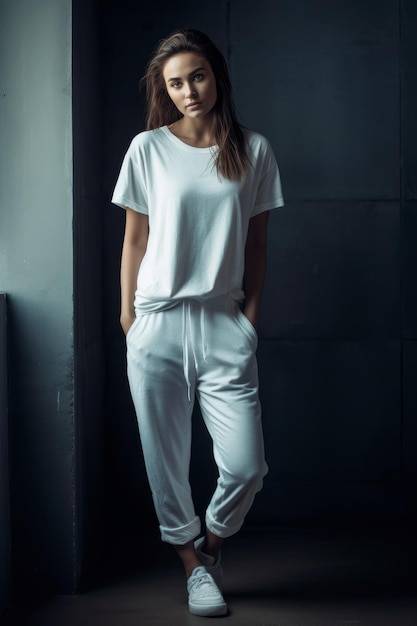 Una mujer con una camiseta blanca.