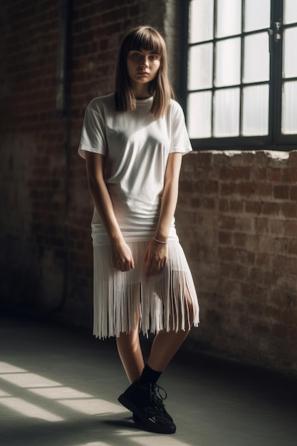 Una mujer con una camiseta blanca.