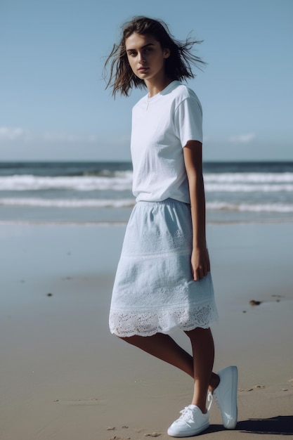 Una mujer con una camiseta blanca.