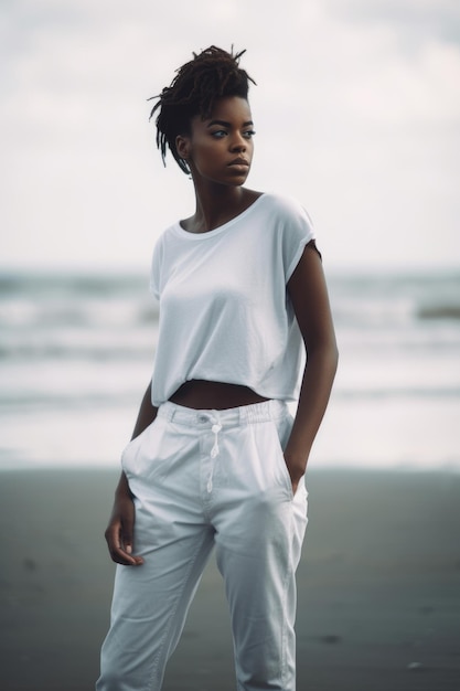 Una mujer con una camiseta blanca.