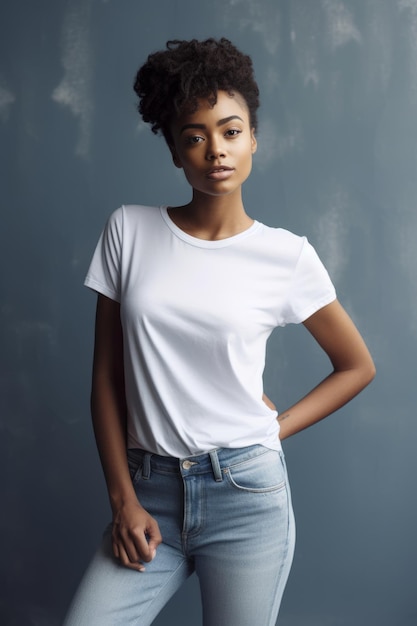 Una mujer con una camiseta blanca.