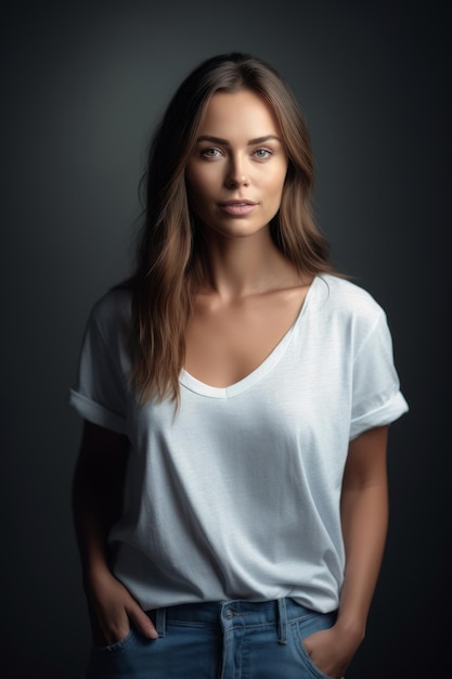 Una mujer con una camiseta blanca.